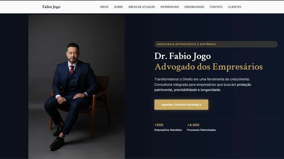 Topo da landing page de Dr. Fabio Jogo: retrato do advogado à esquerda e, à direita, o título Advogado dos Empresários com um único botão de agendamento