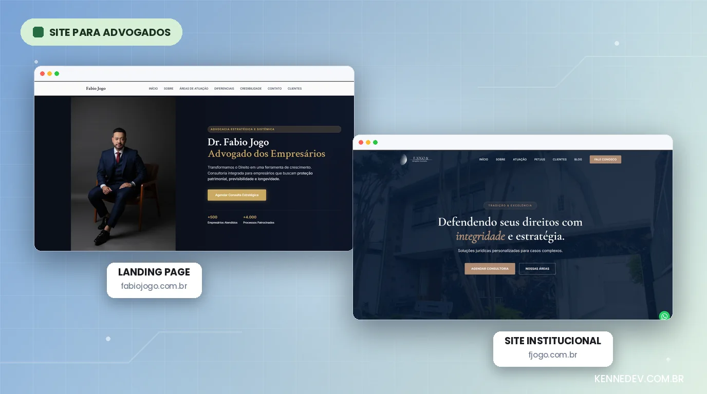 Duas telas de navegador lado a lado: à esquerda a landing page fabiojogo.com.br, com um único botão de agendamento; à direita o site institucional fjogo.com.br, com menu de sete itens