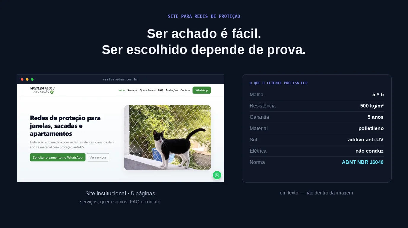 À esquerda, tela de navegador com o site wsilvaredes.com.br mostrando uma sacada com rede instalada; à direita, um painel com as especificações técnicas em texto: malha 5x5, 500 kg por metro quadrado, garantia de 5 anos, polietileno, anti-UV e a norma ABNT NBR 16046