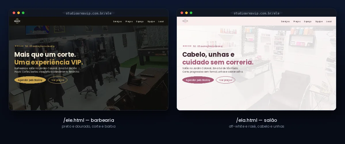 As duas páginas internas do Studio Área VIP lado a lado: a de atendimento masculino em preto e dourado e a de atendimento feminino em off-white e rosé, com a mesma estrutura de seções
