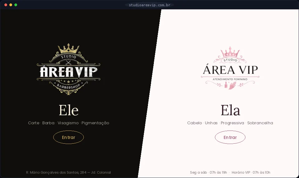 Página de entrada do Studio Área VIP dividida ao meio: à esquerda, em preto e dourado, a porta Ele; à direita, em off-white e rosé, a porta Ela